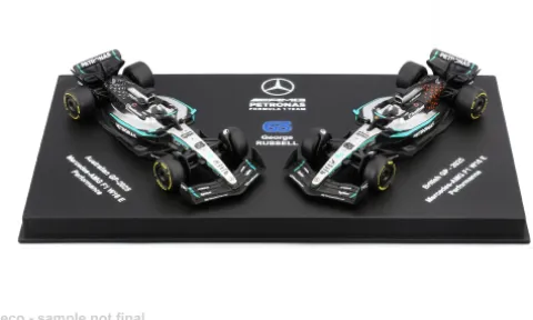 Mercedes 2er Set: W16, Formel 1, 2025, Mercedes AMG Petronas F1 Team, #63, G.Russell, 1:64, Bburago